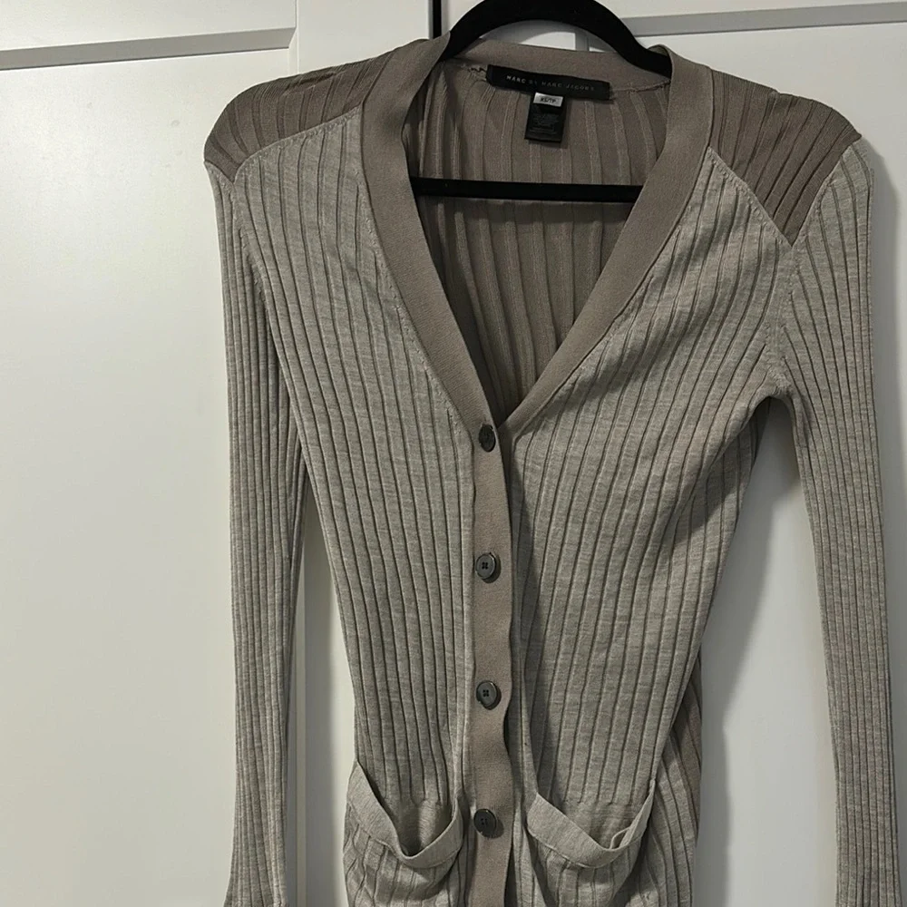Beige Ribbed Cardigan with Pockets - Picture 4 of 6